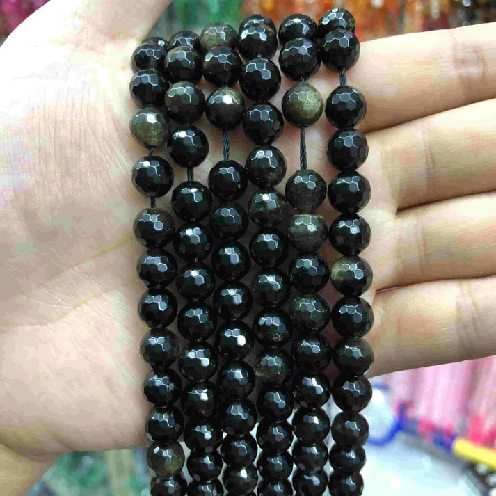 Faceted Round Obsidian Beads