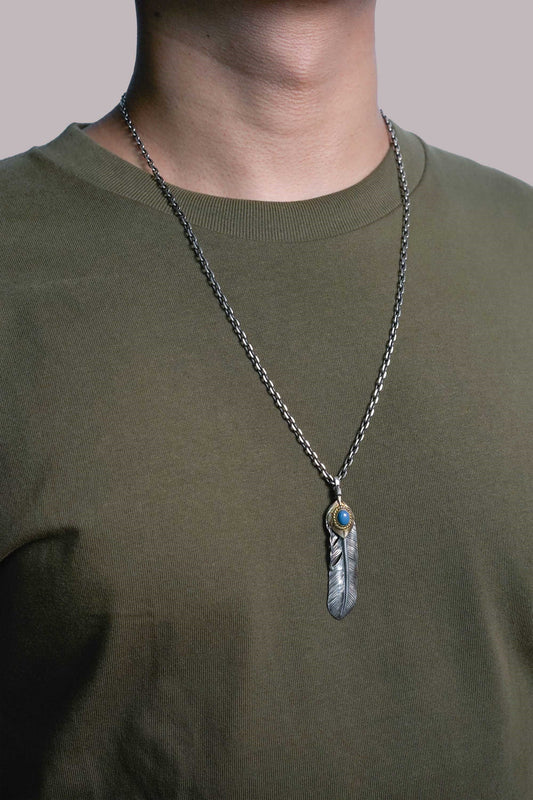 Right Feather Leaf Retro 925 Silver Goro Takahashi Pendant with Turquoise