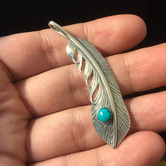 Feather Leaf Retro 925 Silver Goro Takahashi Pendant with Turquoise