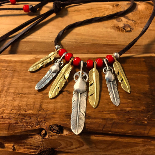 Japan Takahashi Goro Silver Feather Leather Necklace Big Feather 8x50mm Small Feather 6x33mm Retro Sterling 925 Silver Hip Hop style 44cm