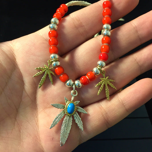 Japan Takahashi Goro Silver Leaf Leather Necklace Leaf 23x33mm Turquoise Beads 3x5mm Retro Sterling 925 Silver Hip Hop style Necklace