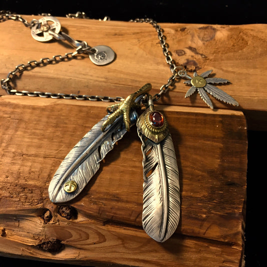 Japan Takahashi Goro Silver Feather Leather Necklace Big Feathers 66x14mm Small Feather 8x50mm Retro Sterling 925 Silver Hip Hop style 65cm