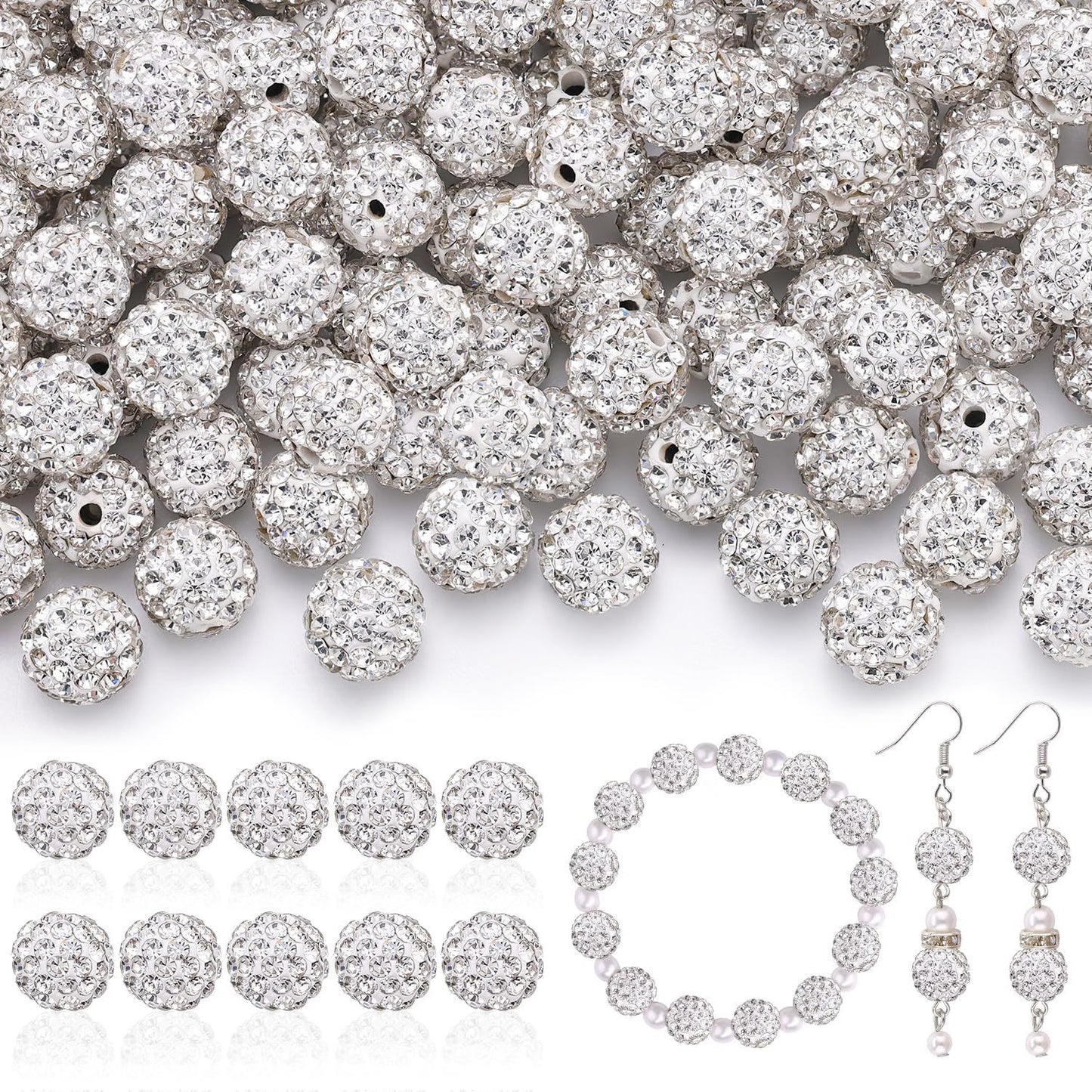 100pcs 10mm Rhinestone Beads Shiny Round Disco Ball Beads Bulk, Sparkle Crystal Clay