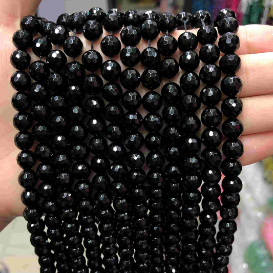 Faceted Round Black Onyx Beads