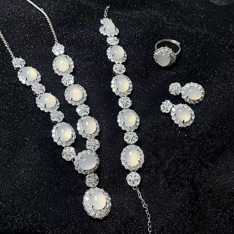 Stunning Jade Diamond Jewelry Set with Necklace, Earrings, Ring and Luxury Gift Box