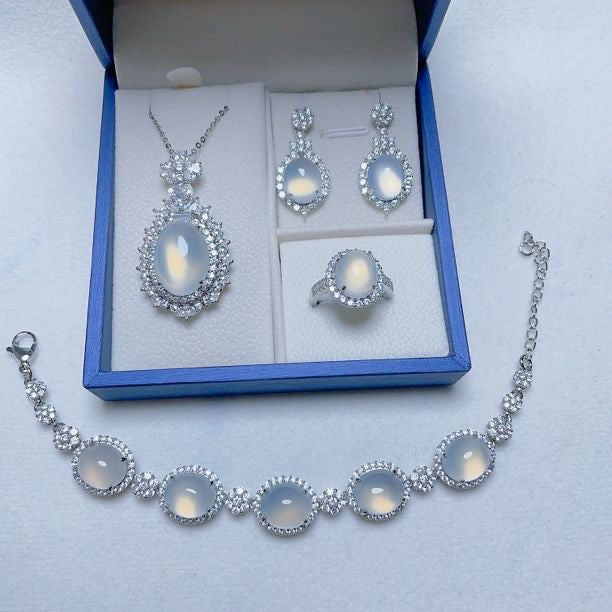 Stunning Jade Diamond Jewelry Set with Necklace, Earrings, Ring and Luxury Gift Box