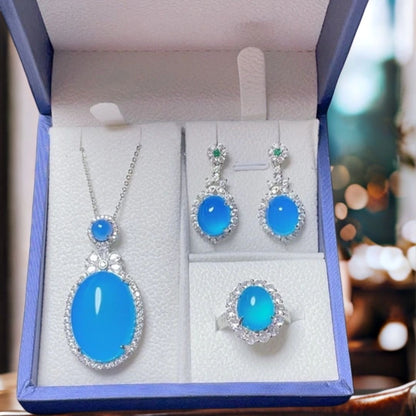 Stunning Jade Diamond Jewelry Set with Necklace, Earrings, Ring and Luxury Gift Box