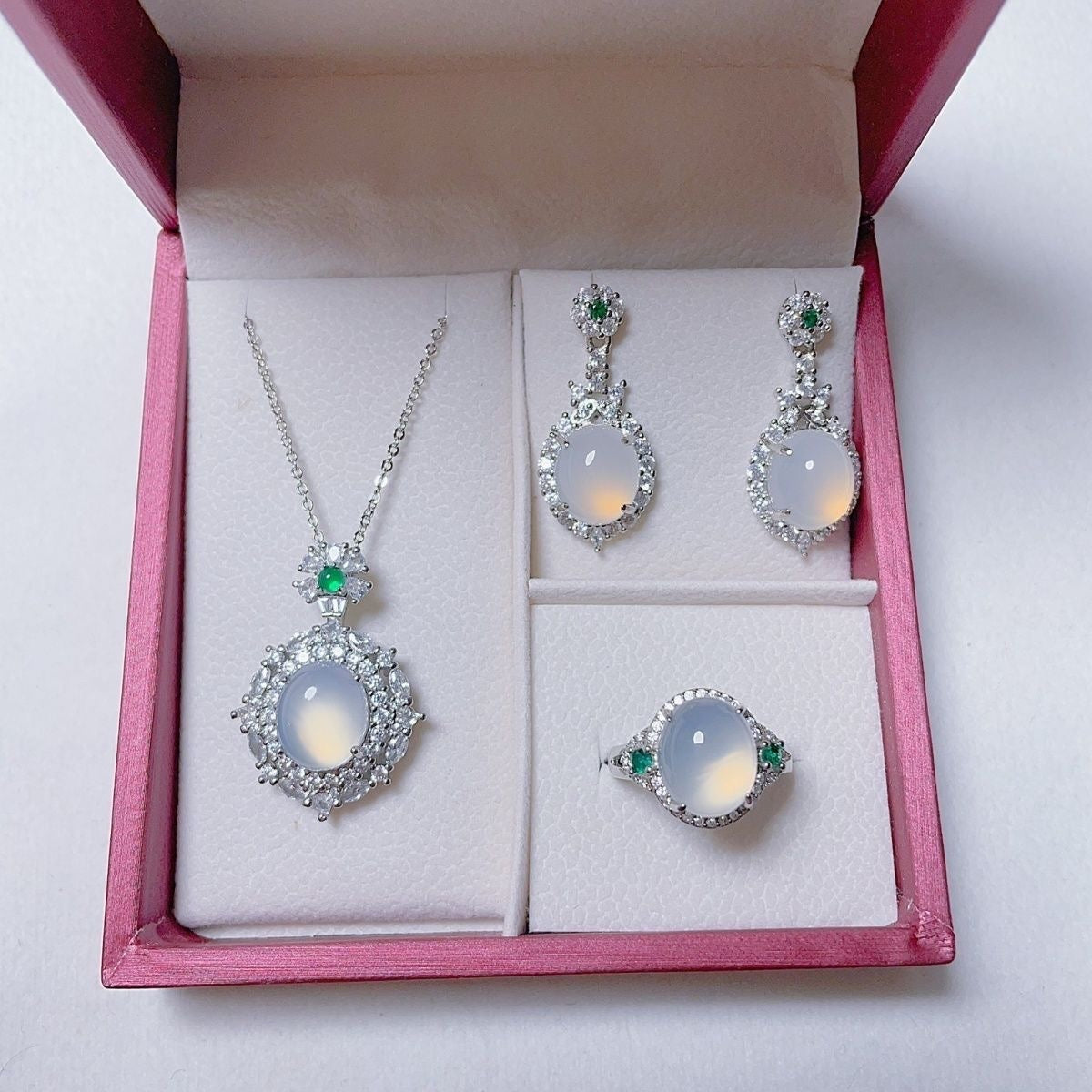 Stunning Jade Diamond Jewelry Set with Necklace, Earrings, Ring and Luxury Gift Box