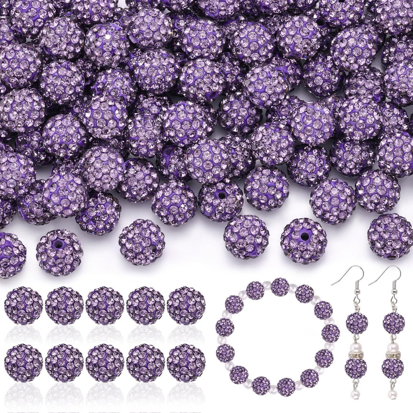 100pcs 10mm Rhinestone Beads Shiny Round Disco Ball Beads Bulk, Sparkle Crystal Clay