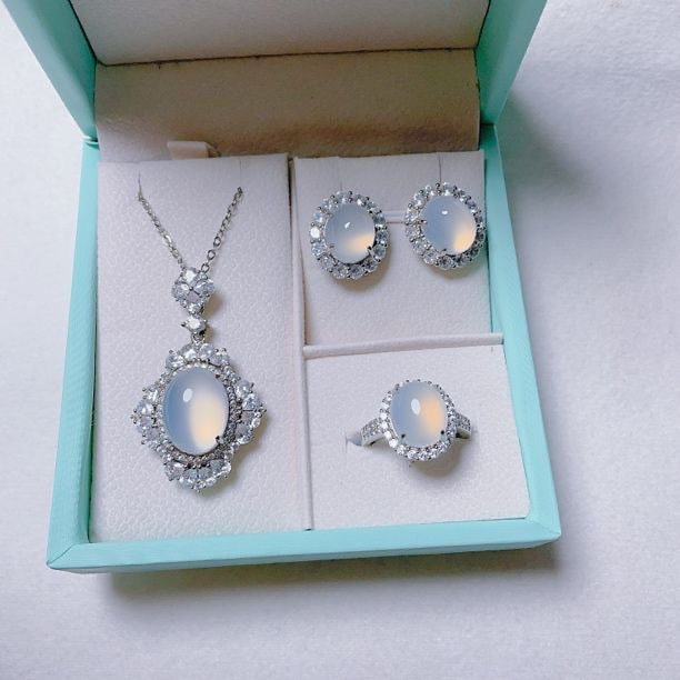 Stunning Jade Diamond Jewelry Set with Necklace, Earrings, Ring and Luxury Gift Box