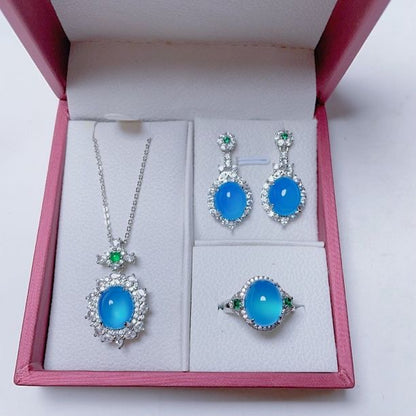 Stunning Jade Diamond Jewelry Set with Necklace, Earrings, Ring and Luxury Gift Box