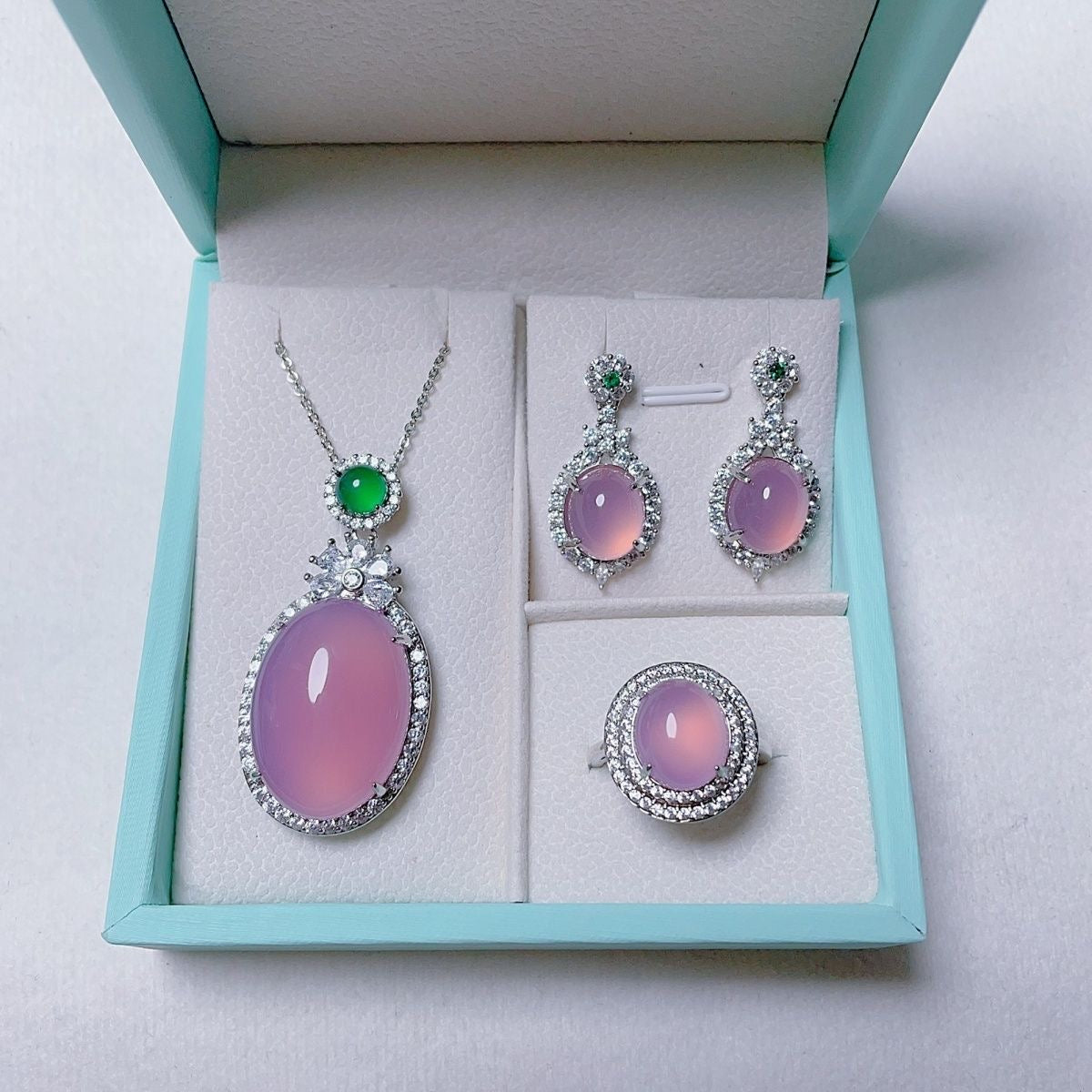 Stunning Jade Diamond Jewelry Set with Necklace, Earrings, Ring and Luxury Gift Box