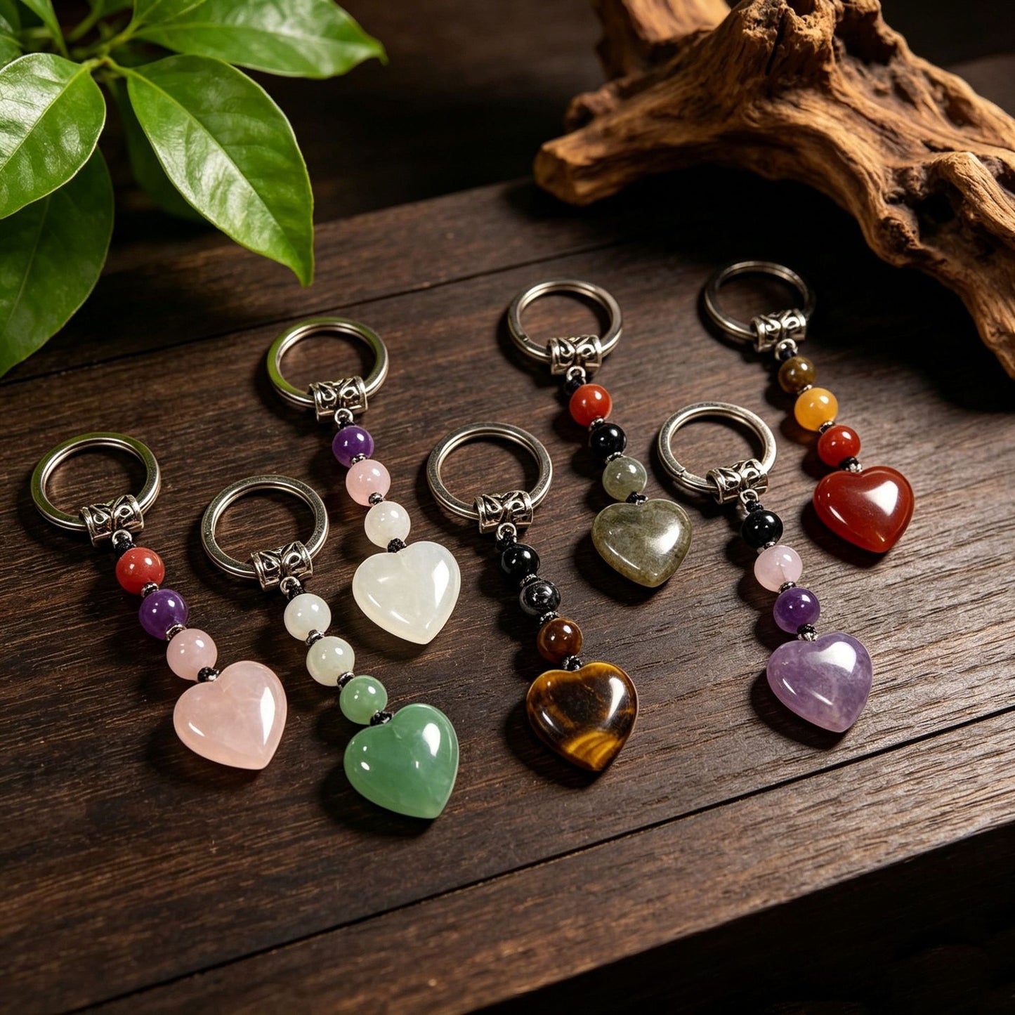 Healing Crystal Heart Shape Keychains Set