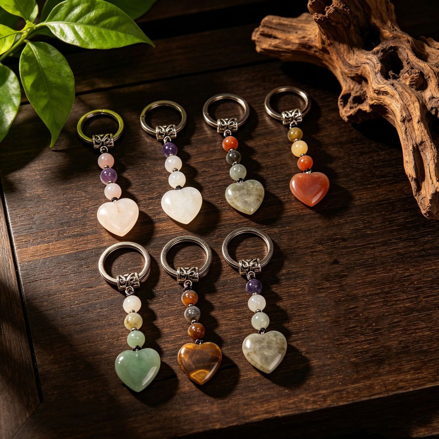 Healing Crystal Heart Shape Keychains Set