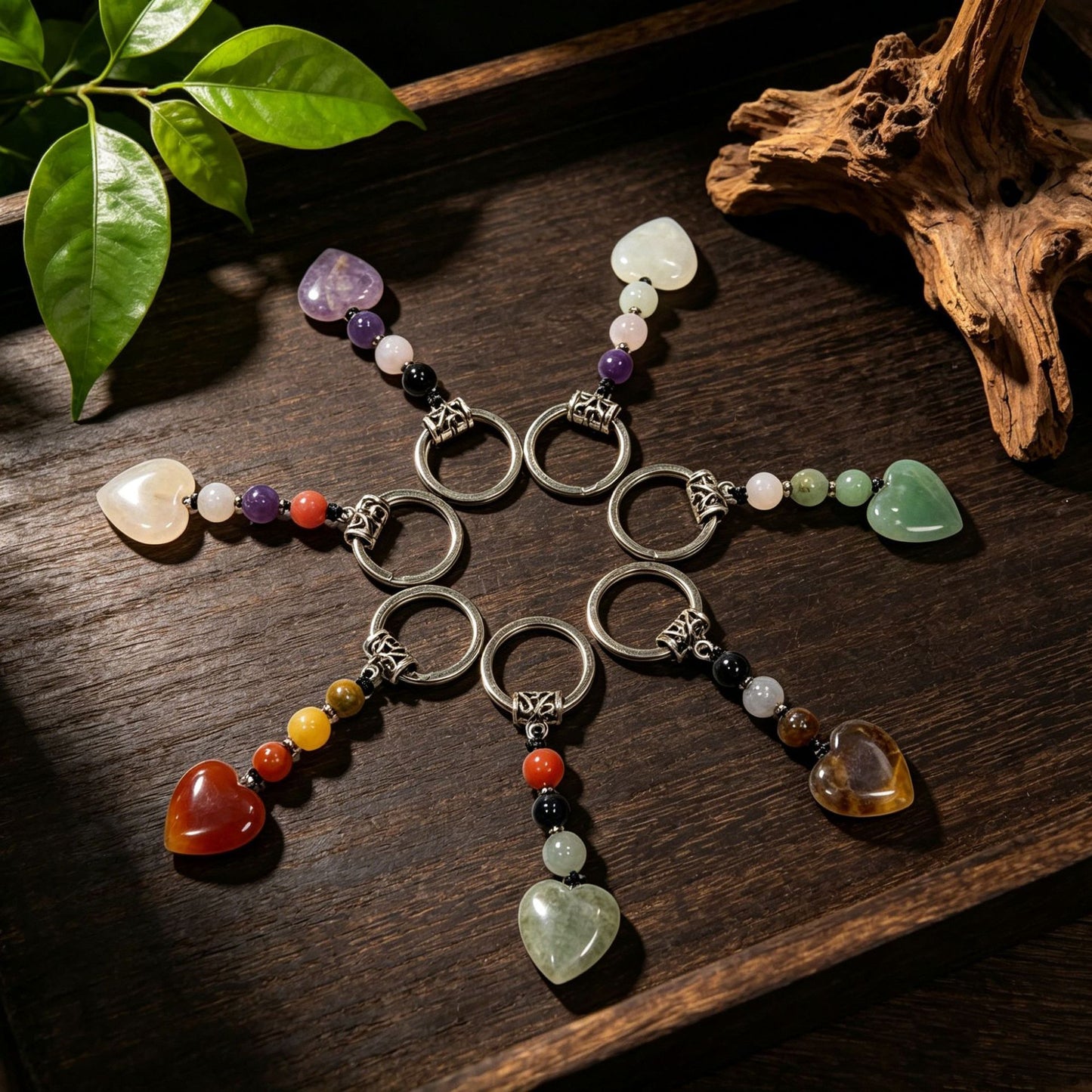 Healing Crystal Heart Shape Keychains Set