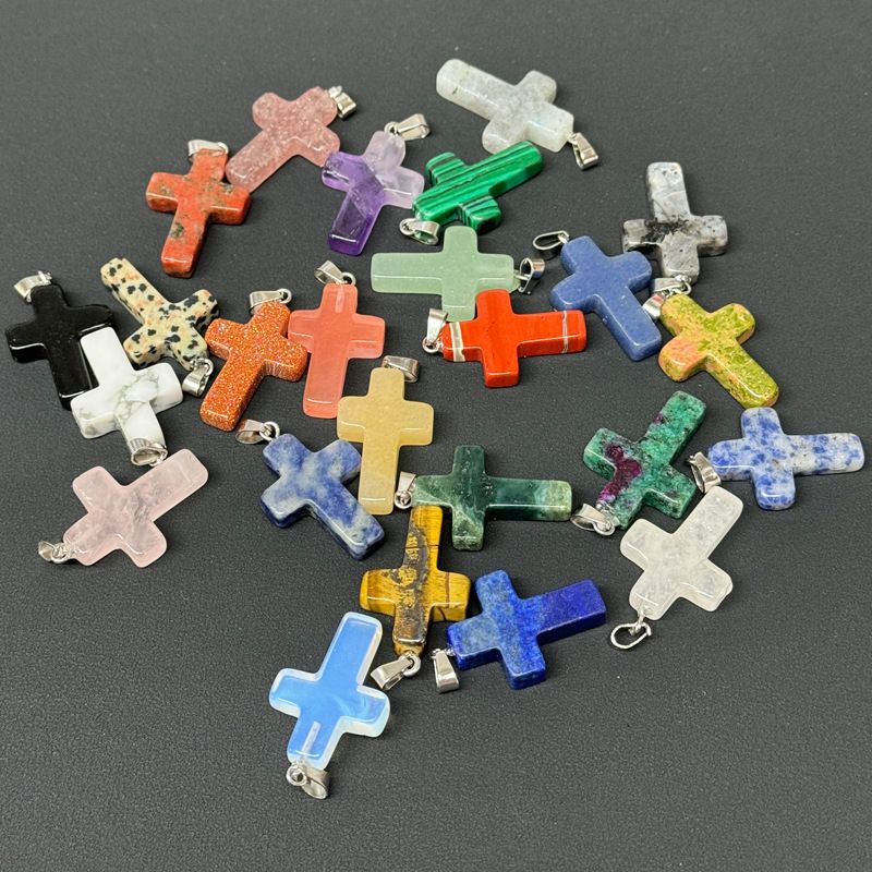 Healing Crystal Flat Cross Shape Pendant Necklace 1PC