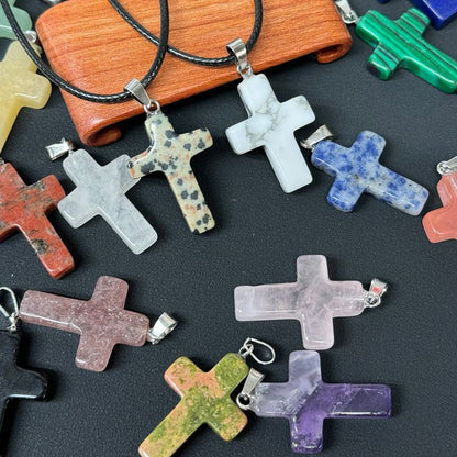 Healing Crystal Flat Cross Shape Pendant Necklace 1PC