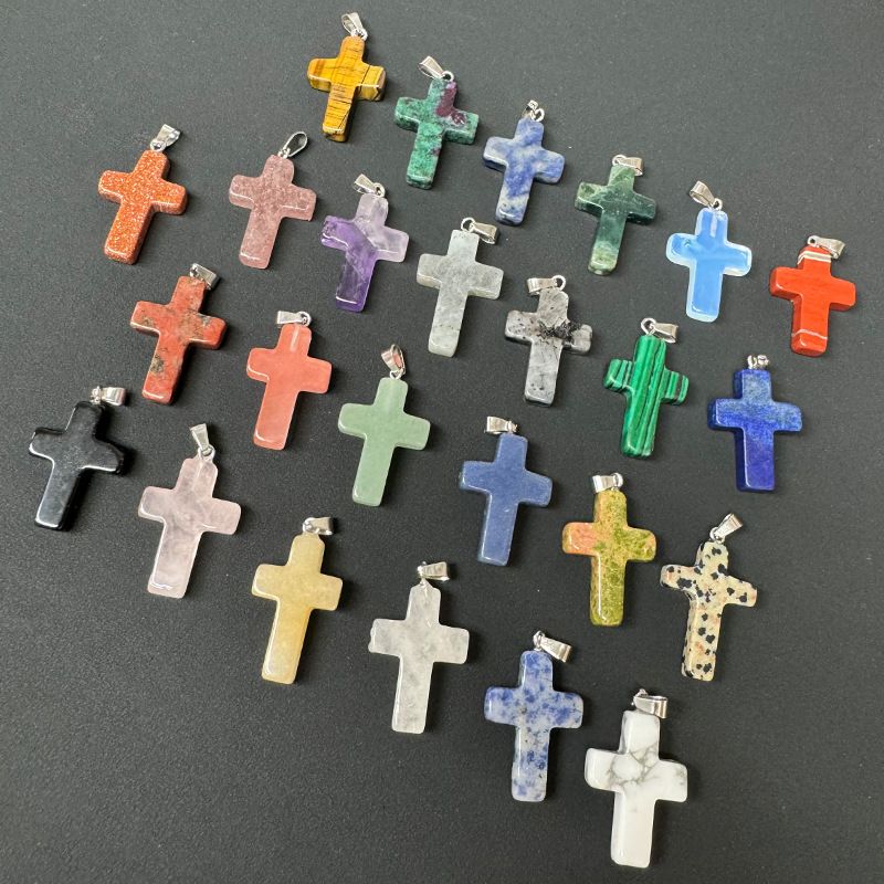 Healing Crystal Flat Cross Shape Pendant Necklace 1PC
