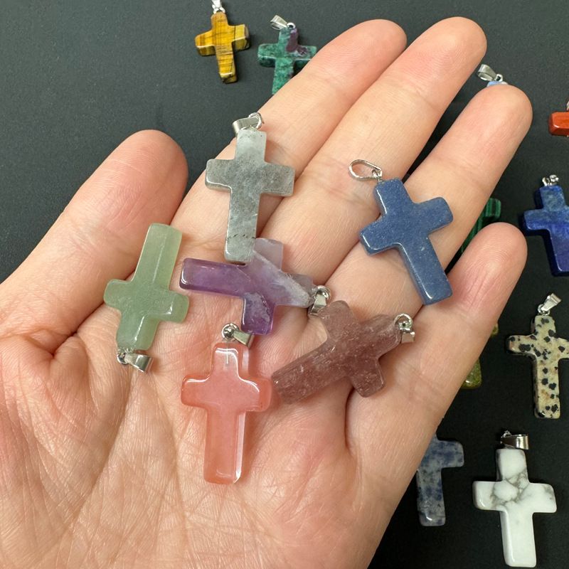 Healing Crystal Flat Cross Shape Pendant Necklace 1PC