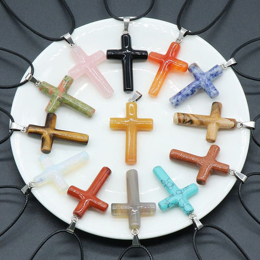 Healing Crystal Cross Shape Pendant Necklace