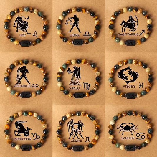 Zodiac Signs Round Stone Elastic Bracelets for Everyday Wear