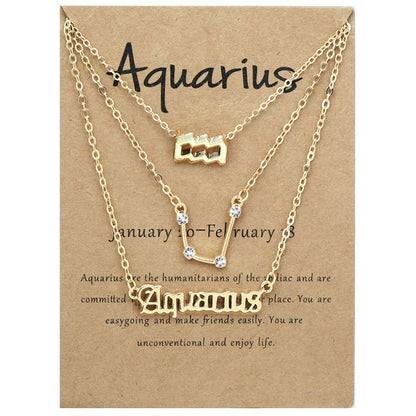 Zodiac Signs Triple Layer Gold Color Necklace for Everyday Wear