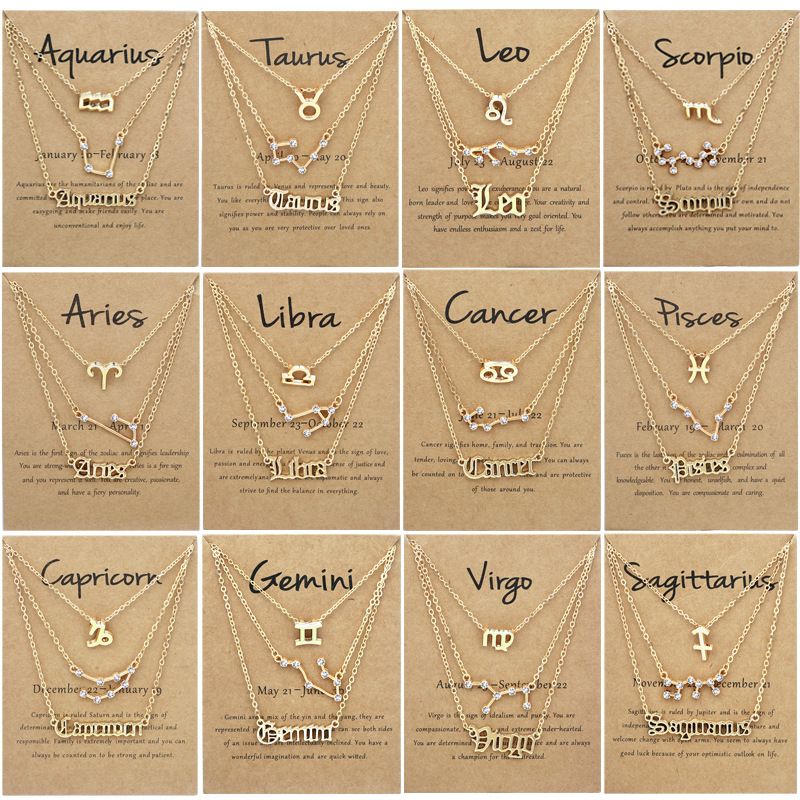 Zodiac Signs Triple Layer Gold Color Necklace for Everyday Wear