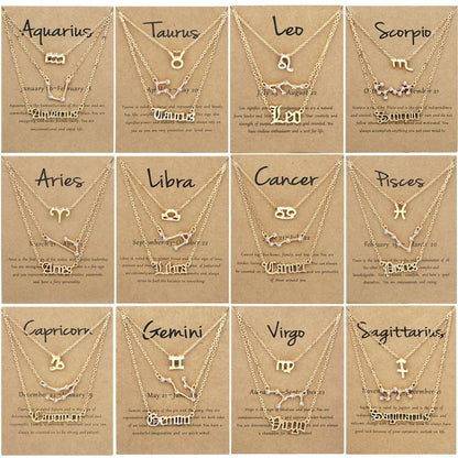 Zodiac Signs Triple Layer Gold Color Necklace for Everyday Wear