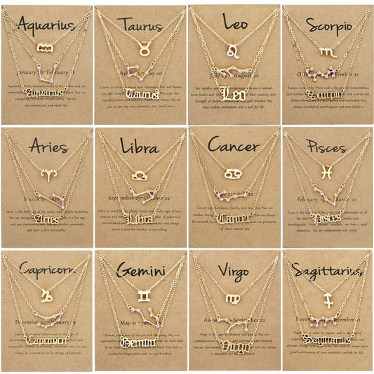 Zodiac Signs Triple Layer Gold Color Necklace for Everyday Wear