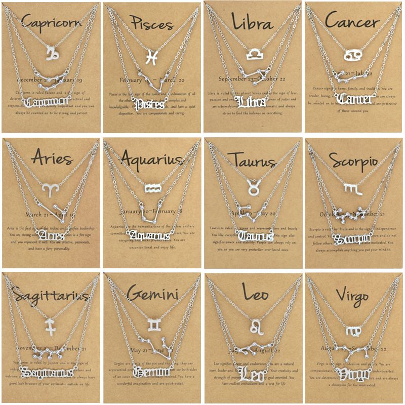 Zodiac Signs Triple Layer Silver Color Necklace for Everyday Wear