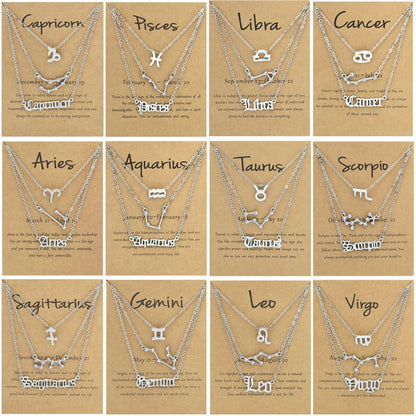 Zodiac Signs Triple Layer Silver Color Necklace for Everyday Wear