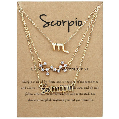 Zodiac Signs Triple Layer Gold Color Necklace for Everyday Wear