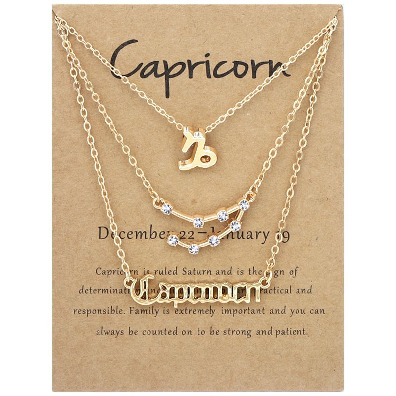 Zodiac Signs Triple Layer Gold Color Necklace for Everyday Wear