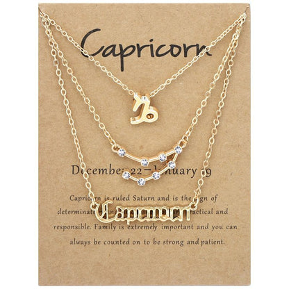 Zodiac Signs Triple Layer Gold Color Necklace for Everyday Wear