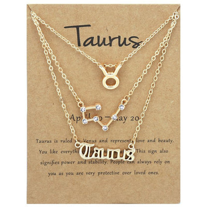 Zodiac Signs Triple Layer Gold Color Necklace for Everyday Wear