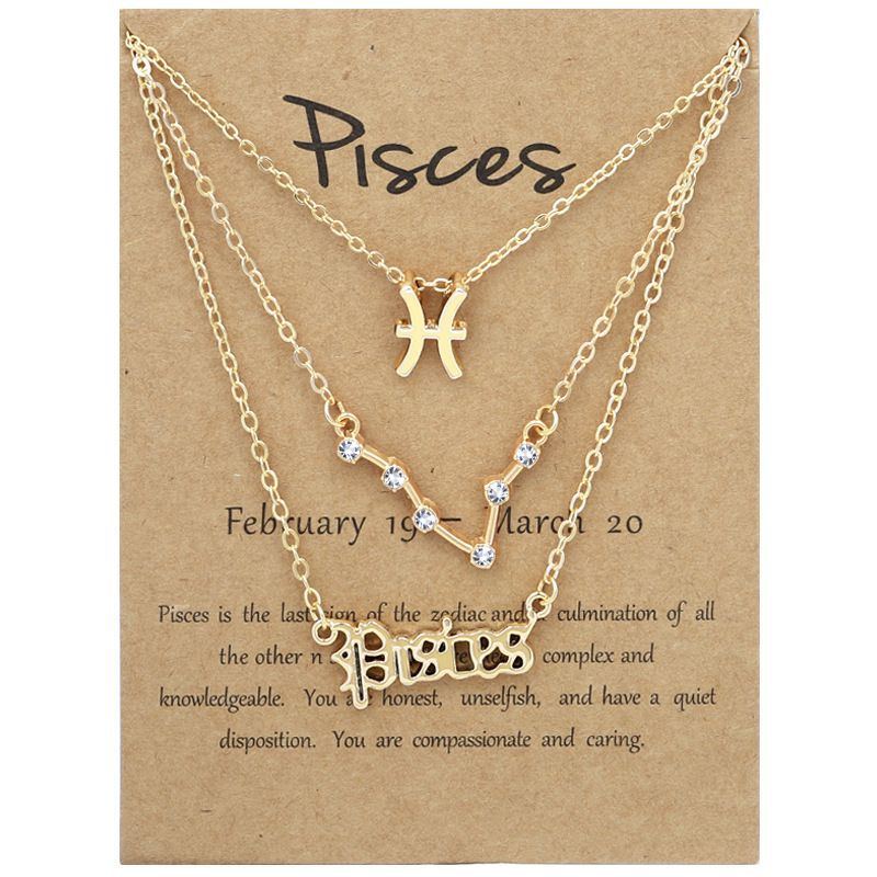 Zodiac Signs Triple Layer Gold Color Necklace for Everyday Wear