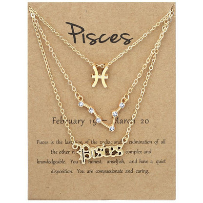 Zodiac Signs Triple Layer Gold Color Necklace for Everyday Wear