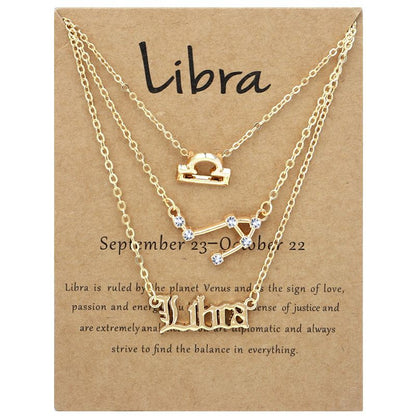Zodiac Signs Triple Layer Gold Color Necklace for Everyday Wear