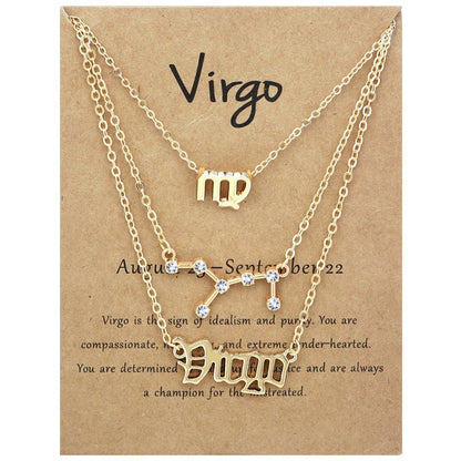 Zodiac Signs Triple Layer Gold Color Necklace for Everyday Wear