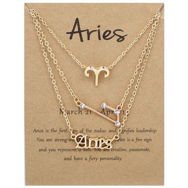 Zodiac Signs Triple Layer Gold Color Necklace for Everyday Wear