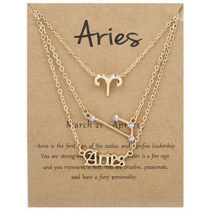 Zodiac Signs Triple Layer Gold Color Necklace for Everyday Wear