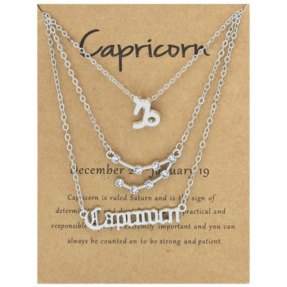 Zodiac Signs Triple Layer Silver Color Necklace for Everyday Wear