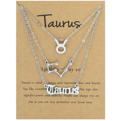 Zodiac Signs Triple Layer Silver Color Necklace for Everyday Wear