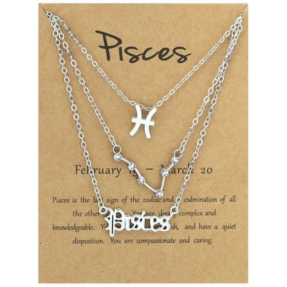 Zodiac Signs Triple Layer Silver Color Necklace for Everyday Wear