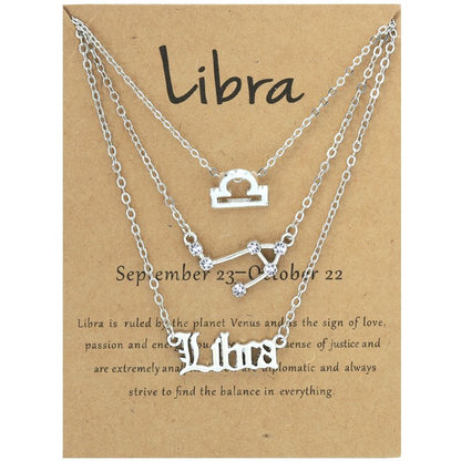 Zodiac Signs Triple Layer Silver Color Necklace for Everyday Wear