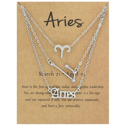 Zodiac Signs Triple Layer Silver Color Necklace for Everyday Wear