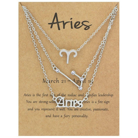 Zodiac Signs Triple Layer Silver Color Necklace for Everyday Wear