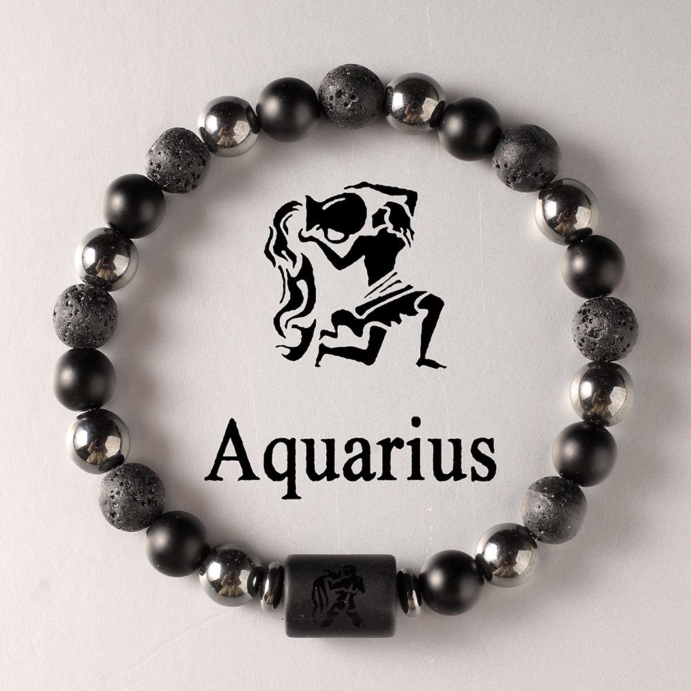 Zodiac Signs Round Stone Elastic Black Bracelets for Everyday Wear