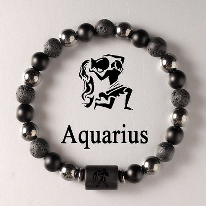 Zodiac Signs Round Stone Elastic Black Bracelets for Everyday Wear