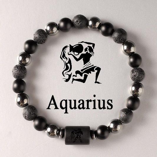Zodiac Signs Round Stone Elastic Black Bracelets for Everyday Wear